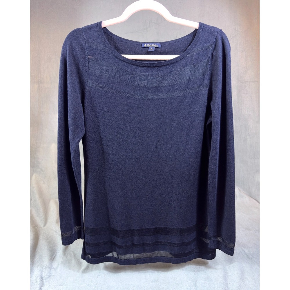 Brooks Brothers Womens Blue Silk Blend Long Slv Top Sheer Inserts Luxury    M